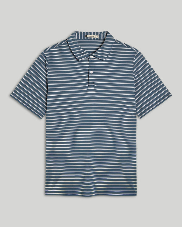 Blue and white striped polo shirt on a light gray background
