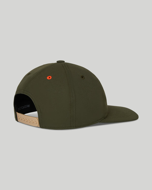 Green cap with a brown brim on a light gray background