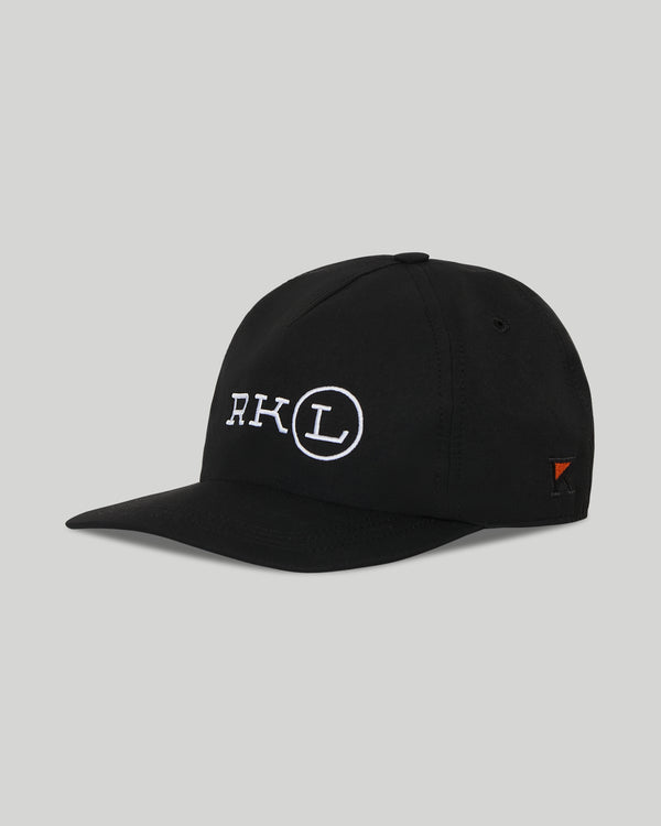 Black cap with white logo on a gray background